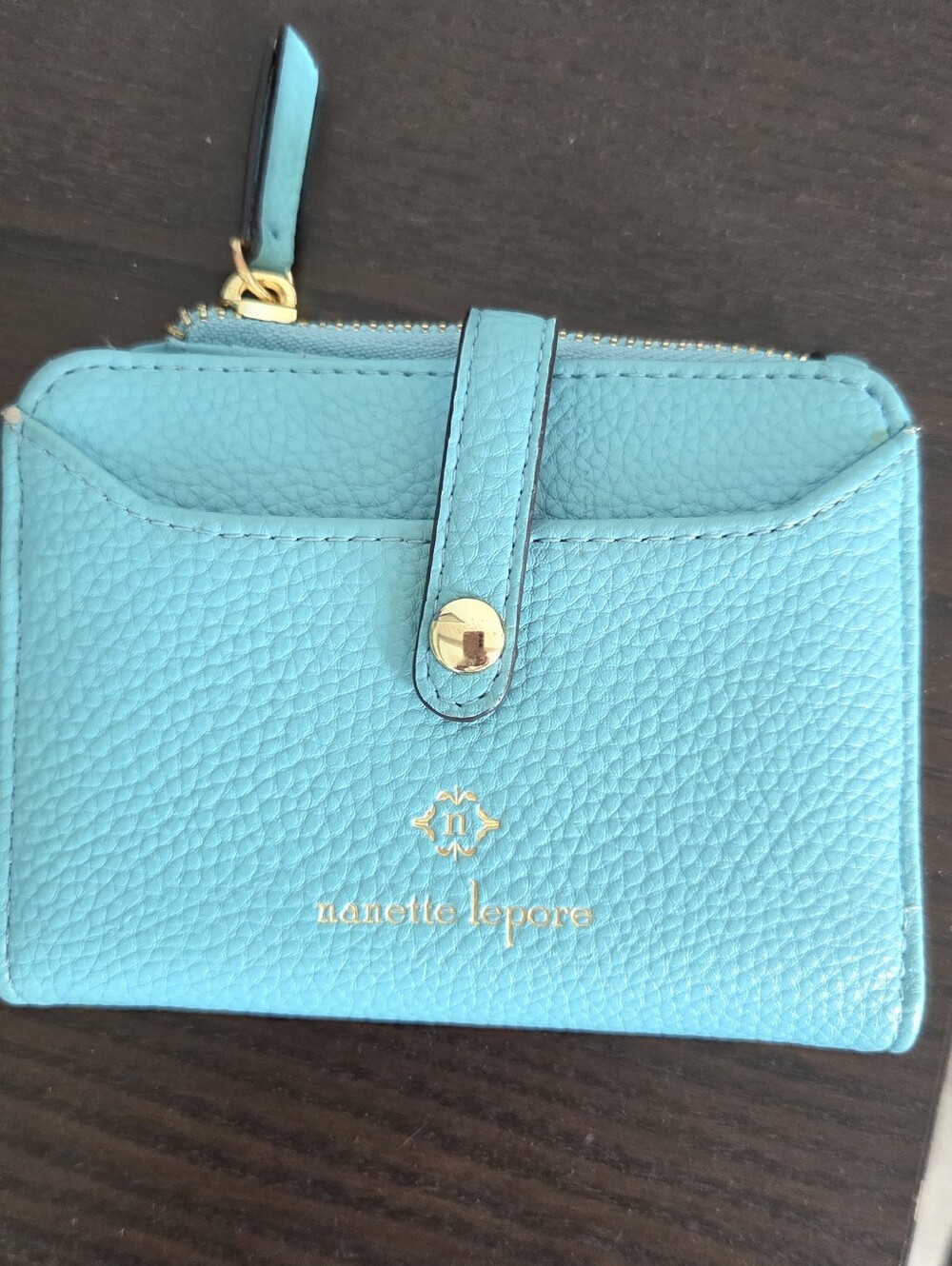 Nanette Lepore Turquoise Blue Pebbled Leather Wallet with Gold Hardware